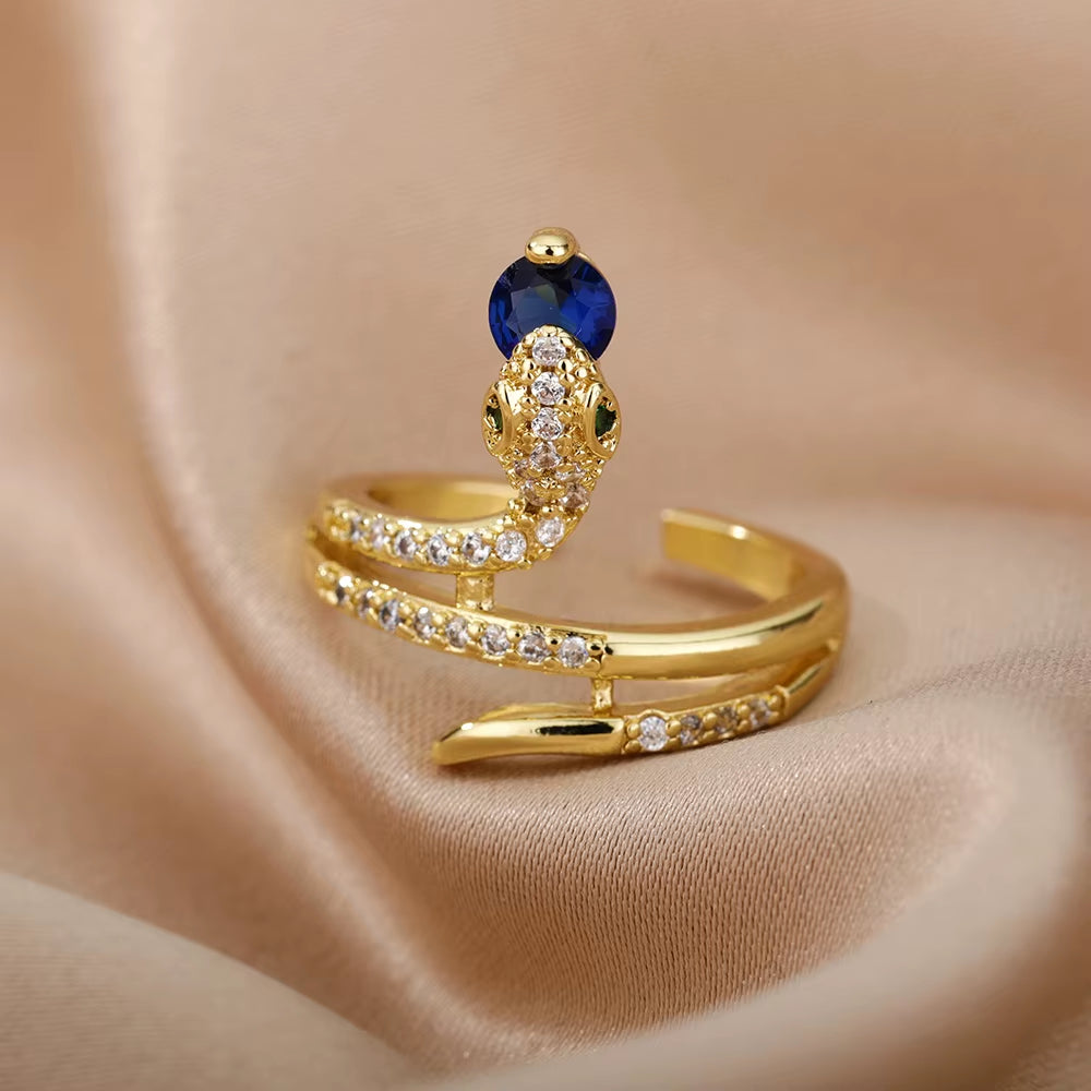 Stainless Steel Snake Rings for Women Men Gold Color Open Adjustable Zircon Ring Vintage Gothic Aesthetic Jewelry Anillos Mujer