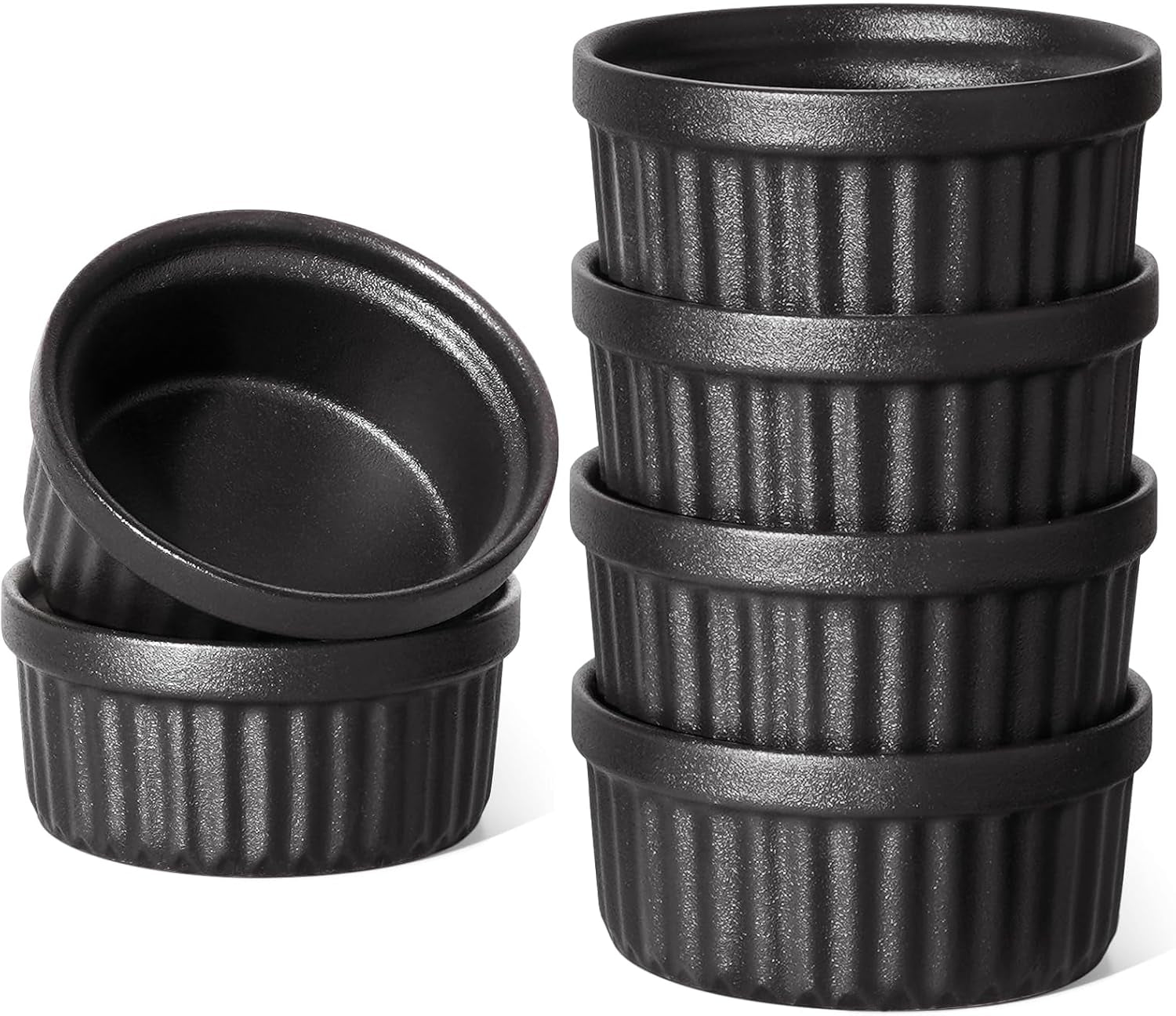 Ramekins 4 OZ Oven Safe, Creme Brulee Ramekins, Pudding Custard Cups Souffle Ramiken, Dipping Sauce Dishes, Ceramic Ramekin Bowls Set of 6, Matte Black