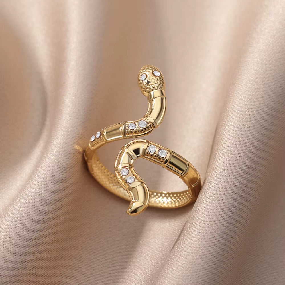 Stainless Steel Snake Rings for Women Men Gold Color Open Adjustable Zircon Ring Vintage Gothic Aesthetic Jewelry Anillos Mujer