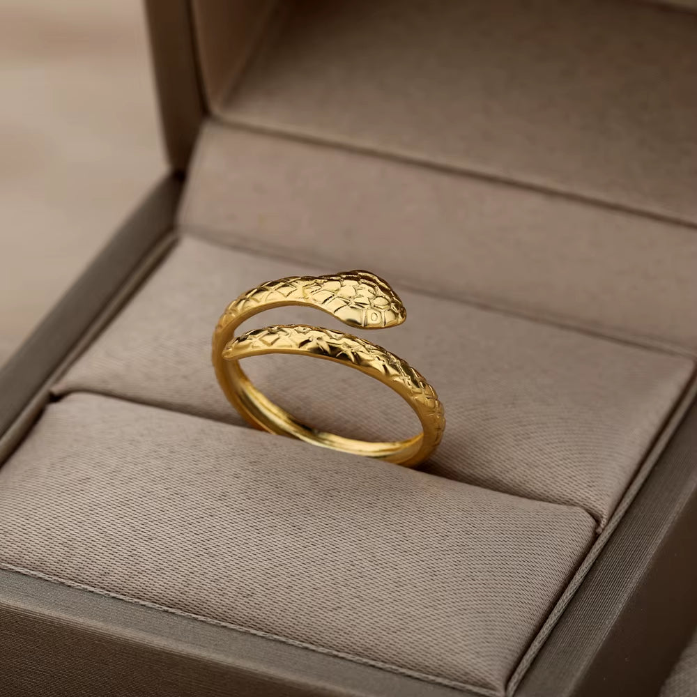 Stainless Steel Snake Rings for Women Men Gold Color Open Adjustable Zircon Ring Vintage Gothic Aesthetic Jewelry Anillos Mujer