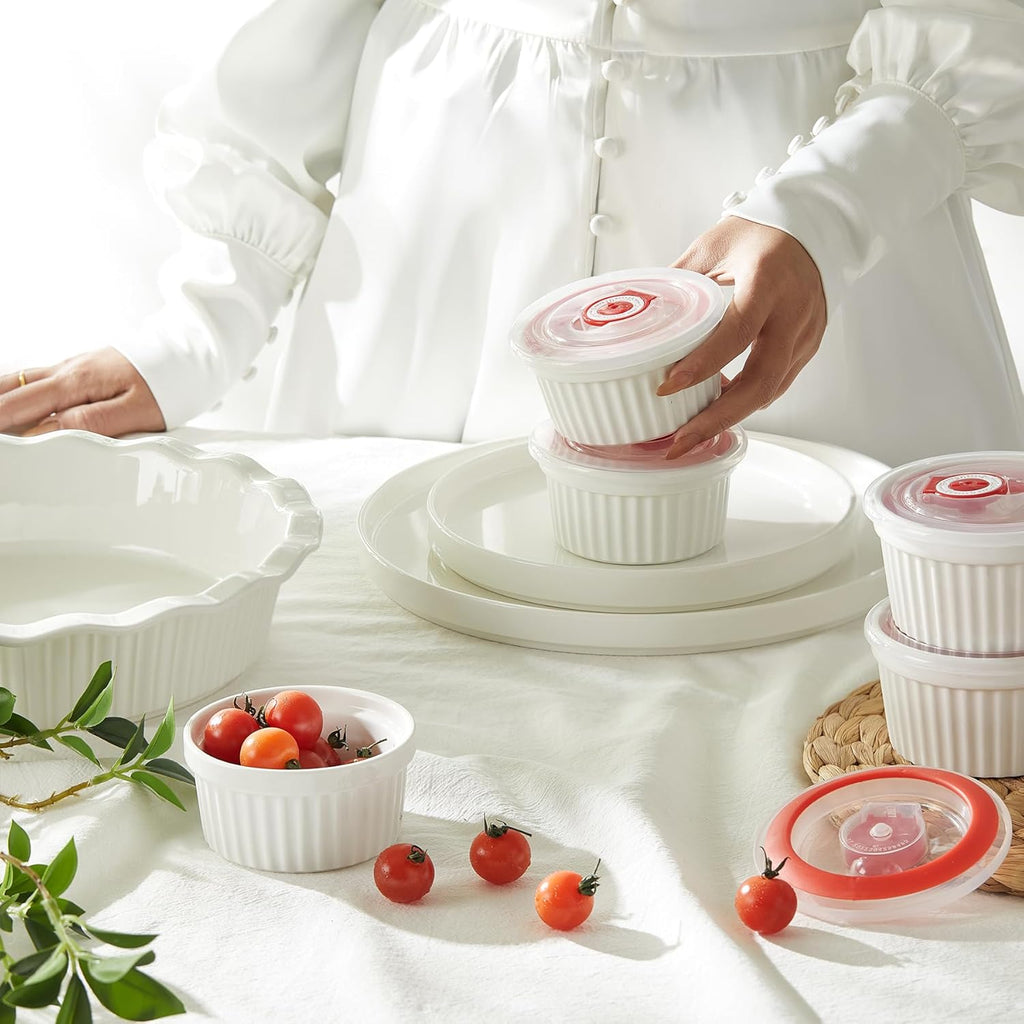 6-Pack 4 Oz Porcelain Ramekins with Lids, White Souffle Dishes for Baking, Creme Brulee Cups, Oven-Friendly Pudding Custard Bowls – Versatile Kitchen Essentials for Baking and Storing
