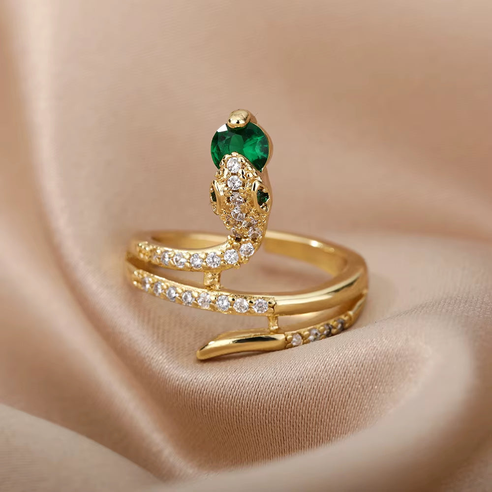 Stainless Steel Snake Rings for Women Men Gold Color Open Adjustable Zircon Ring Vintage Gothic Aesthetic Jewelry Anillos Mujer