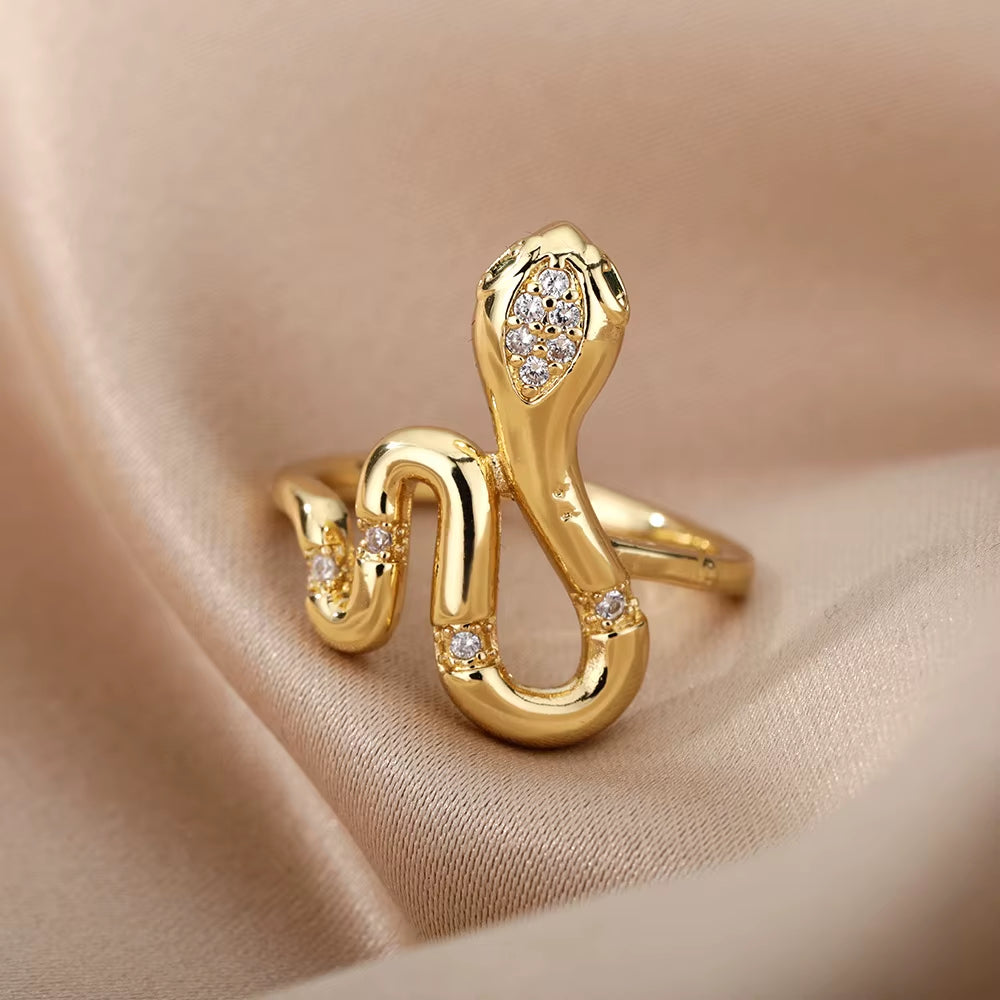 Stainless Steel Snake Rings for Women Men Gold Color Open Adjustable Zircon Ring Vintage Gothic Aesthetic Jewelry Anillos Mujer