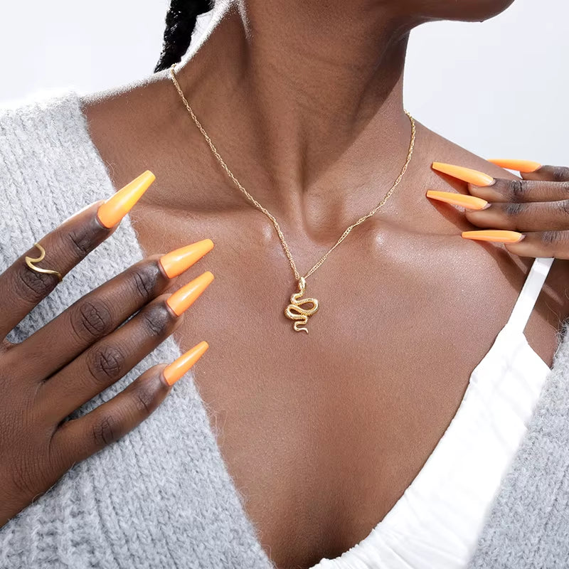 Goth Snake Pendant Necklace for Women Stainless Steel Gold Color Necklaces 2024 Trend Aesthetic Jewelry Choker Collares Mujer