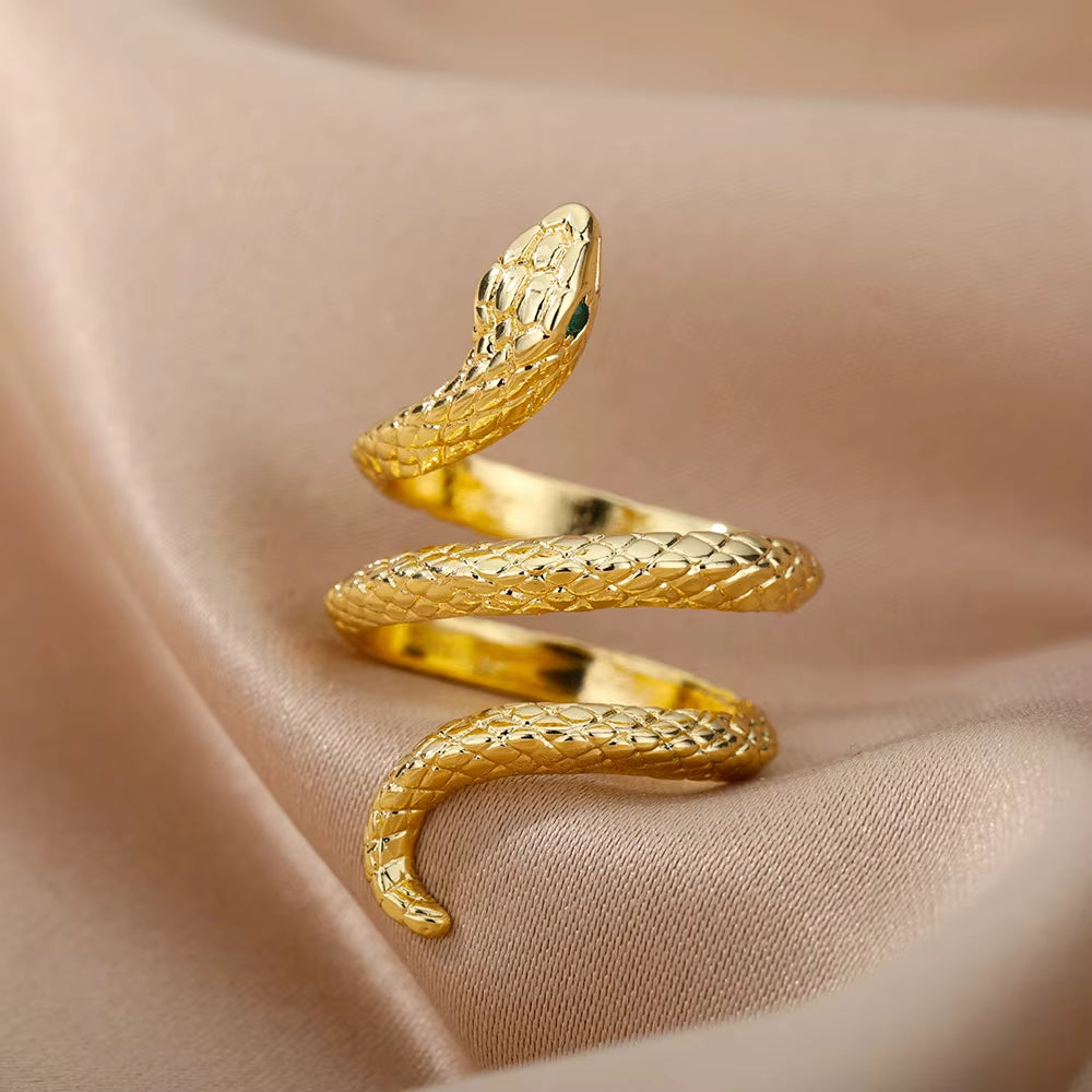 Stainless Steel Snake Rings for Women Men Gold Color Open Adjustable Zircon Ring Vintage Gothic Aesthetic Jewelry Anillos Mujer