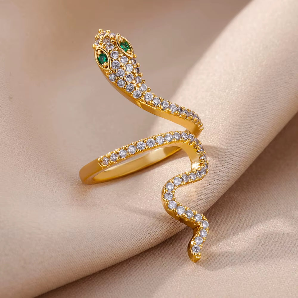 Stainless Steel Snake Rings for Women Men Gold Color Open Adjustable Zircon Ring Vintage Gothic Aesthetic Jewelry Anillos Mujer