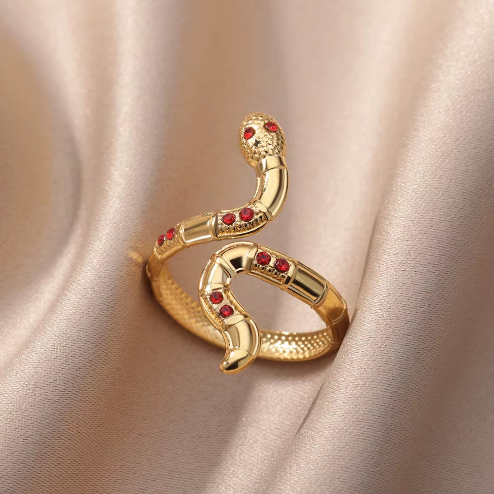 Stainless Steel Snake Rings for Women Men Gold Color Open Adjustable Zircon Ring Vintage Gothic Aesthetic Jewelry Anillos Mujer