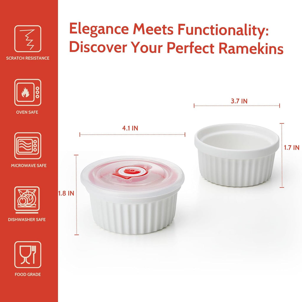 6-Pack 4 Oz Porcelain Ramekins with Lids, White Souffle Dishes for Baking, Creme Brulee Cups, Oven-Friendly Pudding Custard Bowls – Versatile Kitchen Essentials for Baking and Storing