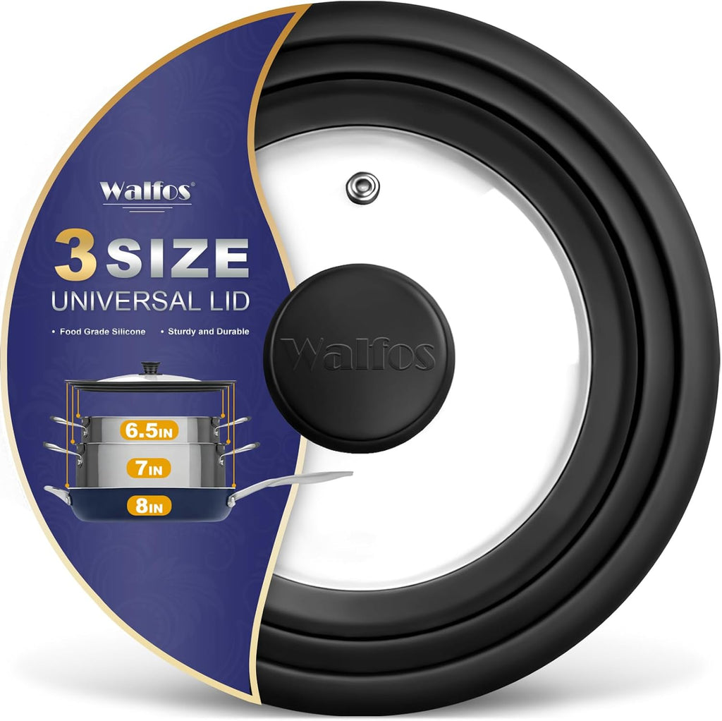 Universal Lid for Pots, Pans and Skillets & Frying Pan - Small Pan Lids Fits 6.5", 7" and 8" Diameter Cookware - Tempered Glass with Heat Resistant Silicone Rim