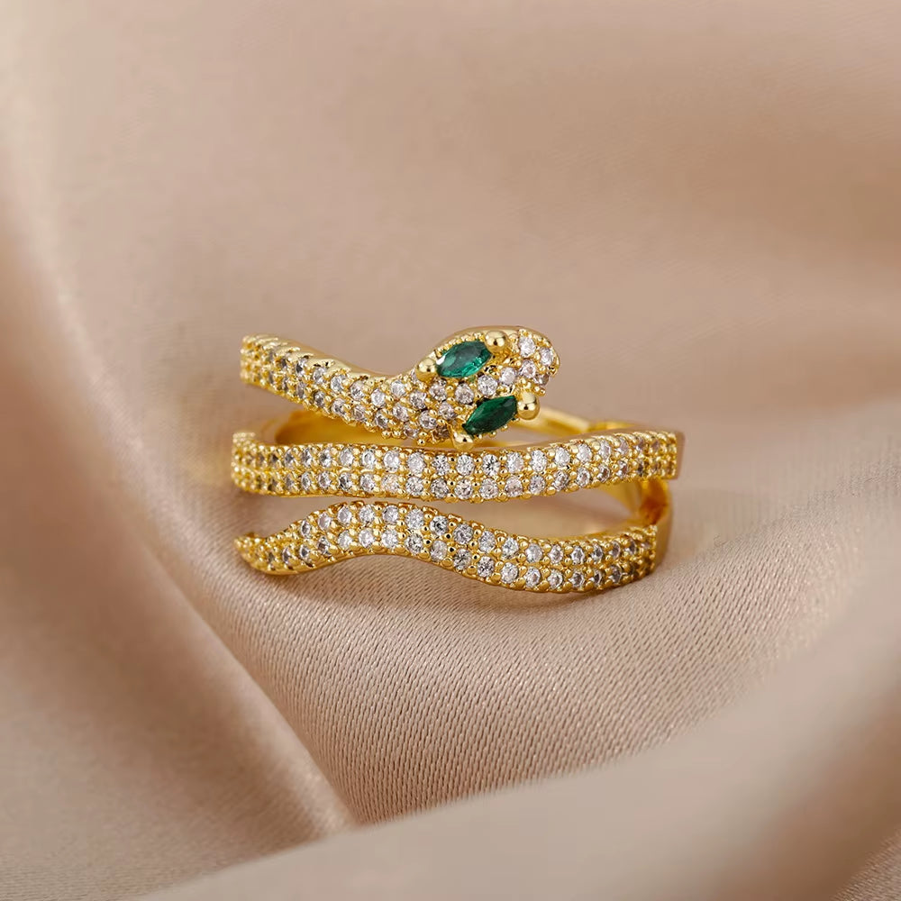 Stainless Steel Snake Rings for Women Men Gold Color Open Adjustable Zircon Ring Vintage Gothic Aesthetic Jewelry Anillos Mujer