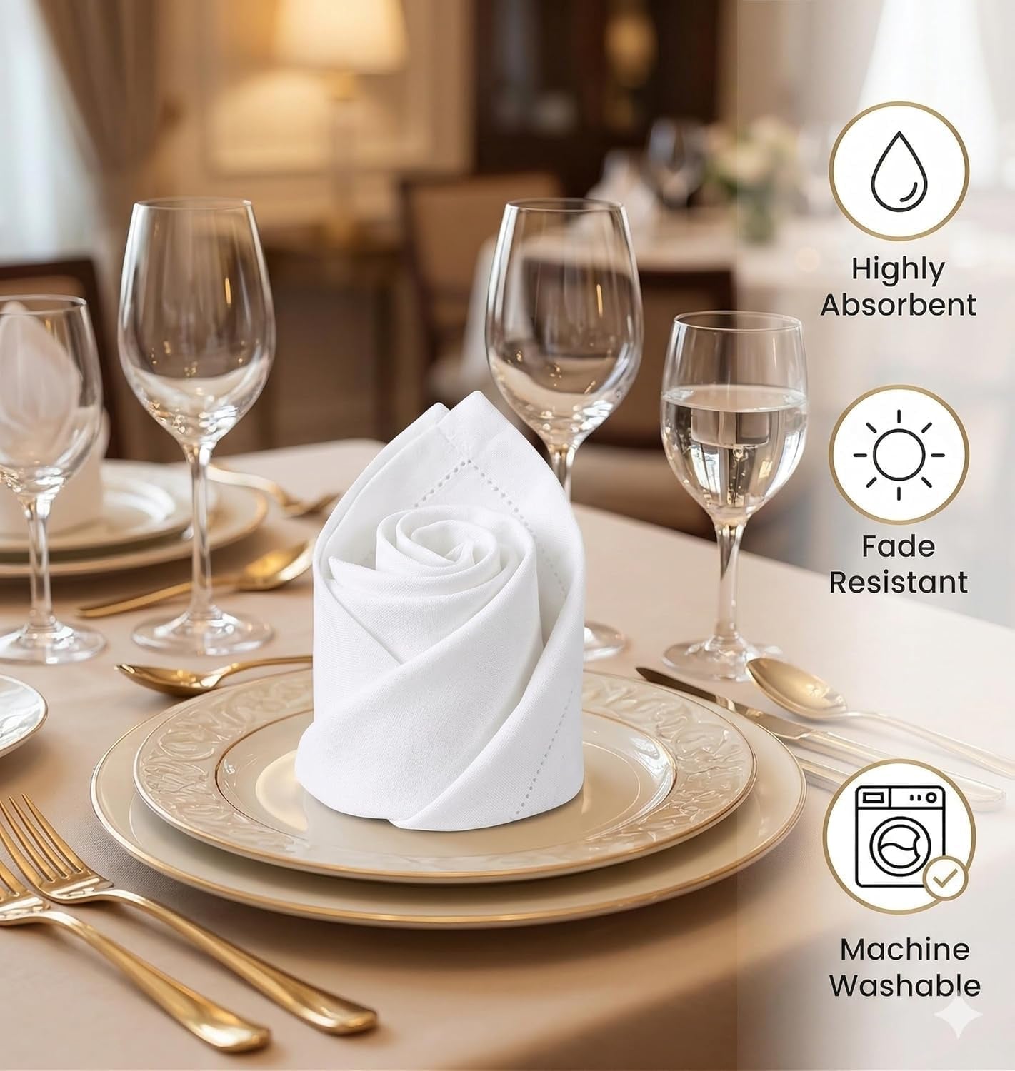 Cloth Napkins 100% Cotton Highly Absorbent Washable Durable Reusable Premium Dinner Napkins Ideal for Gifts for Mothers Day Hotel Farmhouse Parties - White (18" X 18", Set of 6)