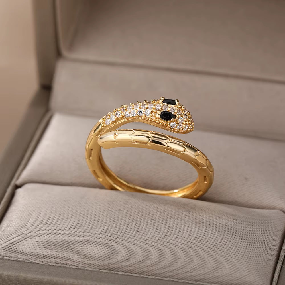 Stainless Steel Snake Rings for Women Men Gold Color Open Adjustable Zircon Ring Vintage Gothic Aesthetic Jewelry Anillos Mujer