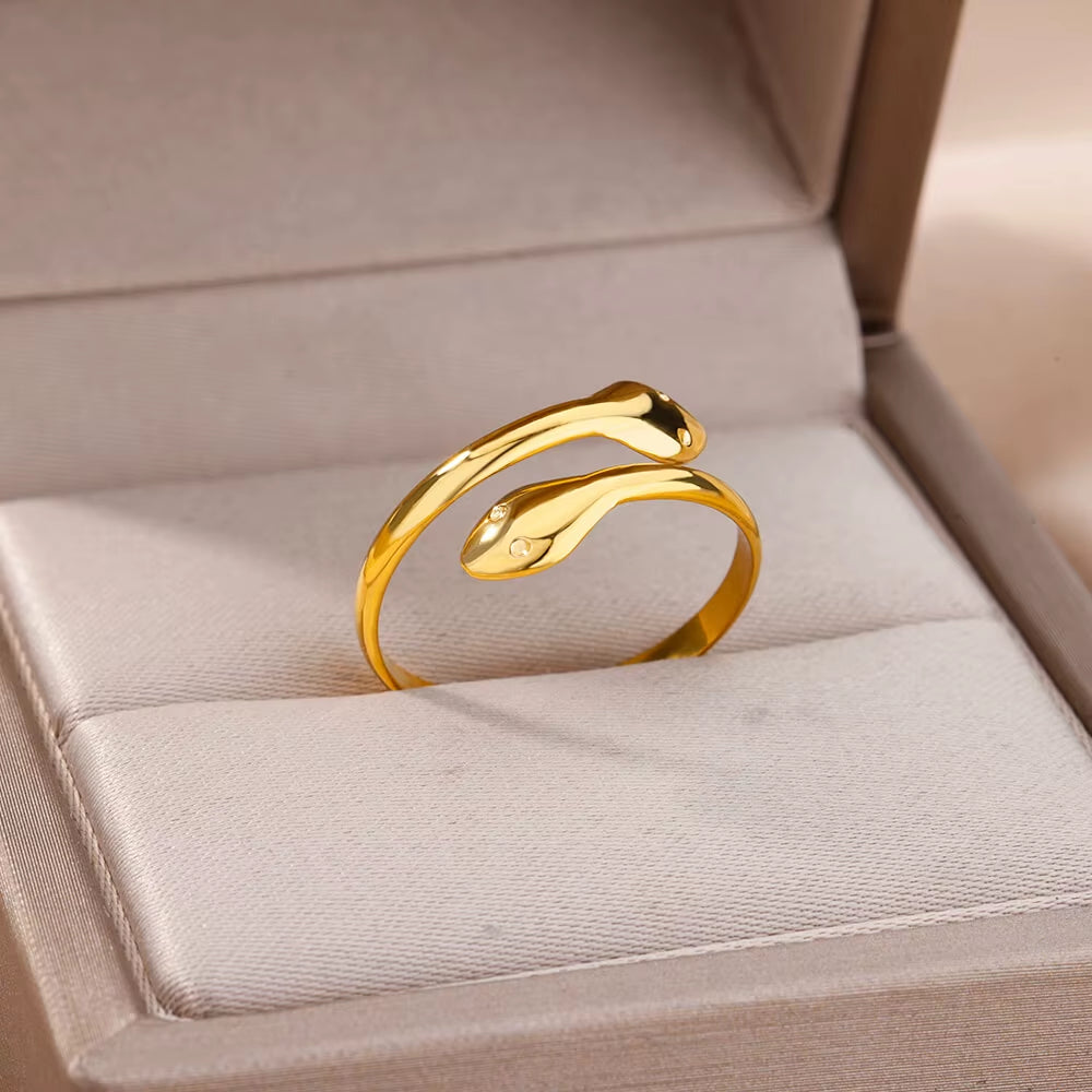 Stainless Steel Snake Rings for Women Men Gold Color Open Adjustable Zircon Ring Vintage Gothic Aesthetic Jewelry Anillos Mujer