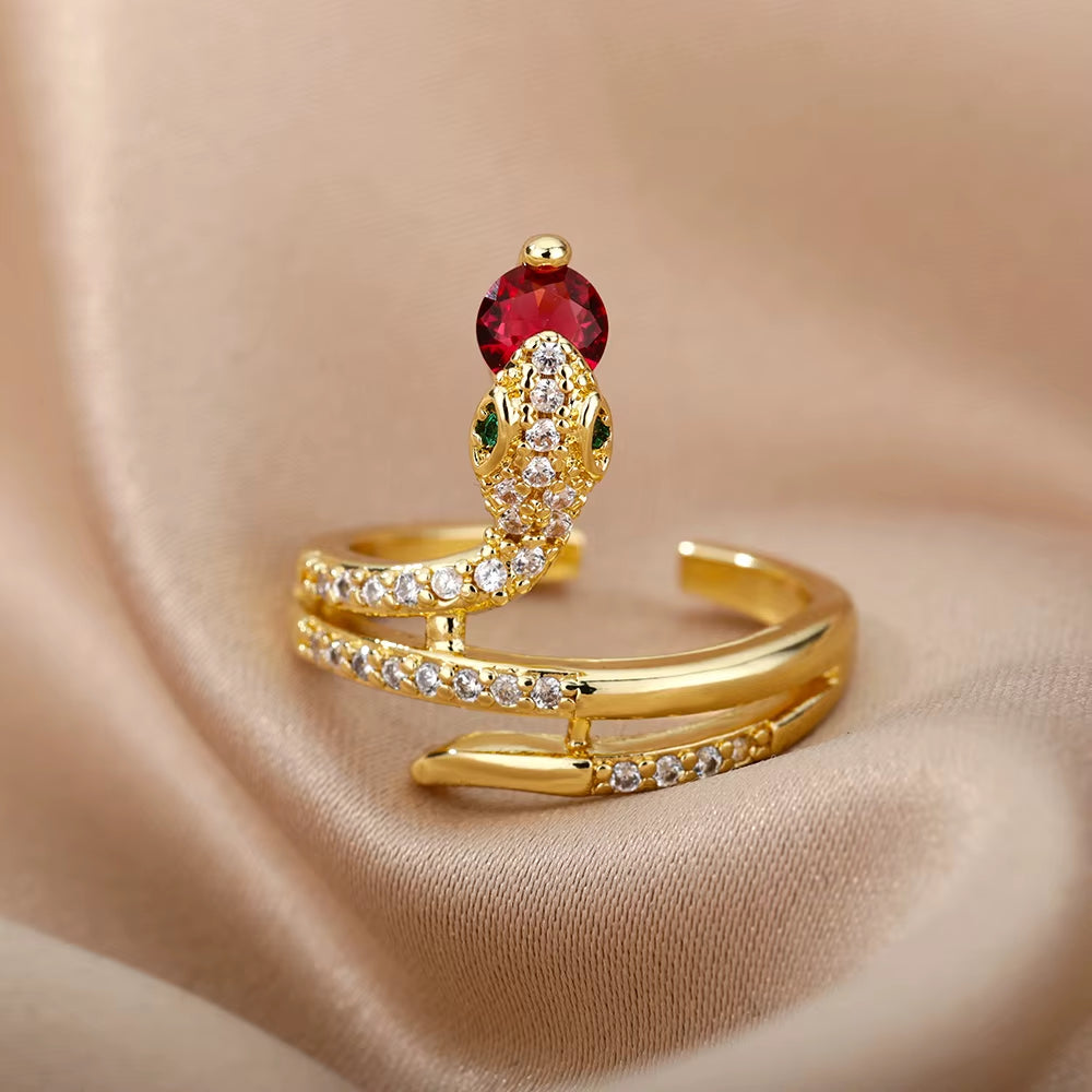 Stainless Steel Snake Rings for Women Men Gold Color Open Adjustable Zircon Ring Vintage Gothic Aesthetic Jewelry Anillos Mujer