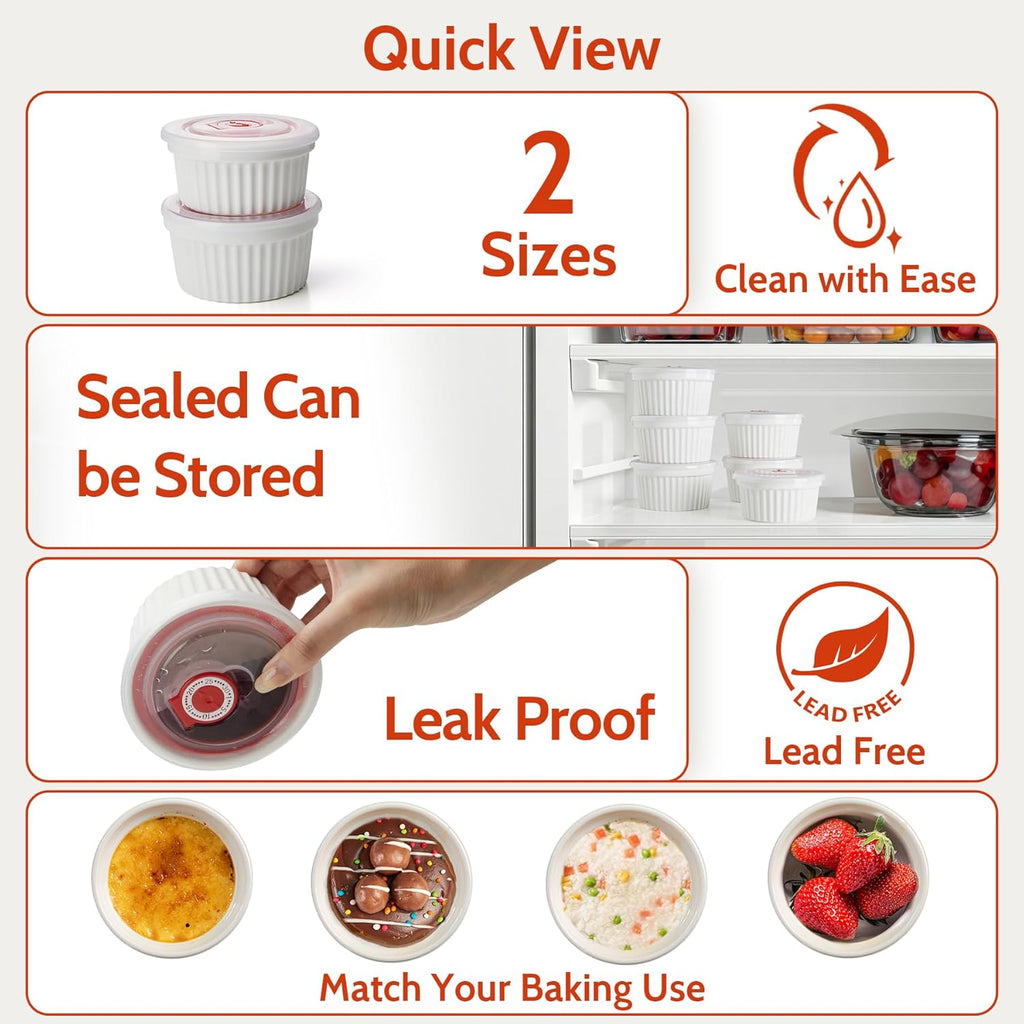 6-Pack 4 Oz Porcelain Ramekins with Lids, White Souffle Dishes for Baking, Creme Brulee Cups, Oven-Friendly Pudding Custard Bowls – Versatile Kitchen Essentials for Baking and Storing