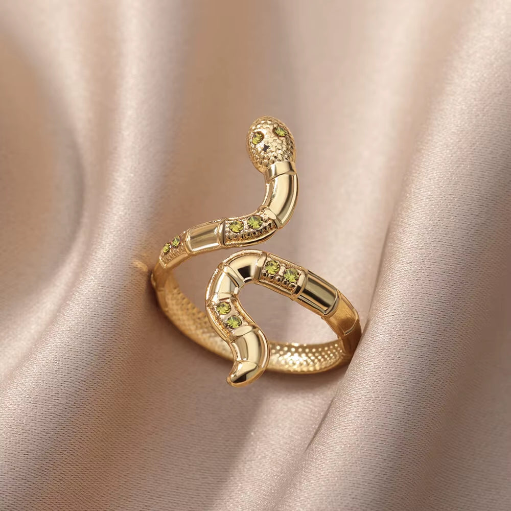 Stainless Steel Snake Rings for Women Men Gold Color Open Adjustable Zircon Ring Vintage Gothic Aesthetic Jewelry Anillos Mujer